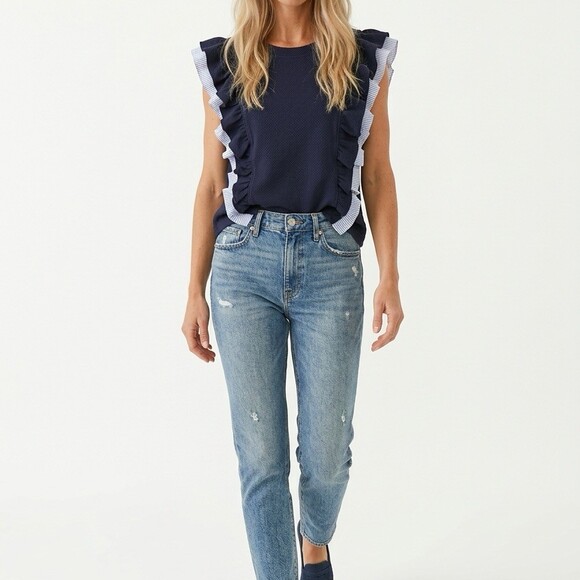 Voy Tops - VOY Blouse Womens Size M Navy Textured Knit Ruffle Trim Sleeveless Top